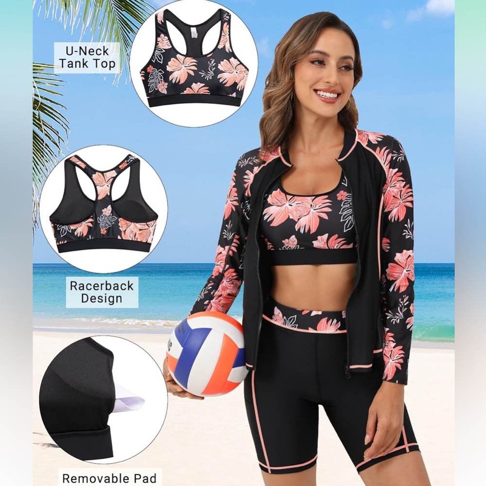 Plus Size Three Piece Rash Guard - Long Sleeve Zip up, Sports Bra, Shorts